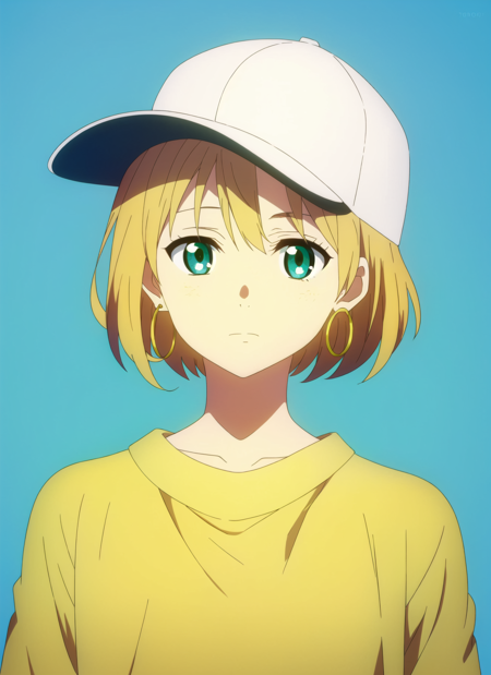 3978528705-3520702963-kyoukai no kanata , masterpiece, best quality, 1girl, aqua eyes, baseball cap, blonde hair, closed mouth, earrings, green backgr.png